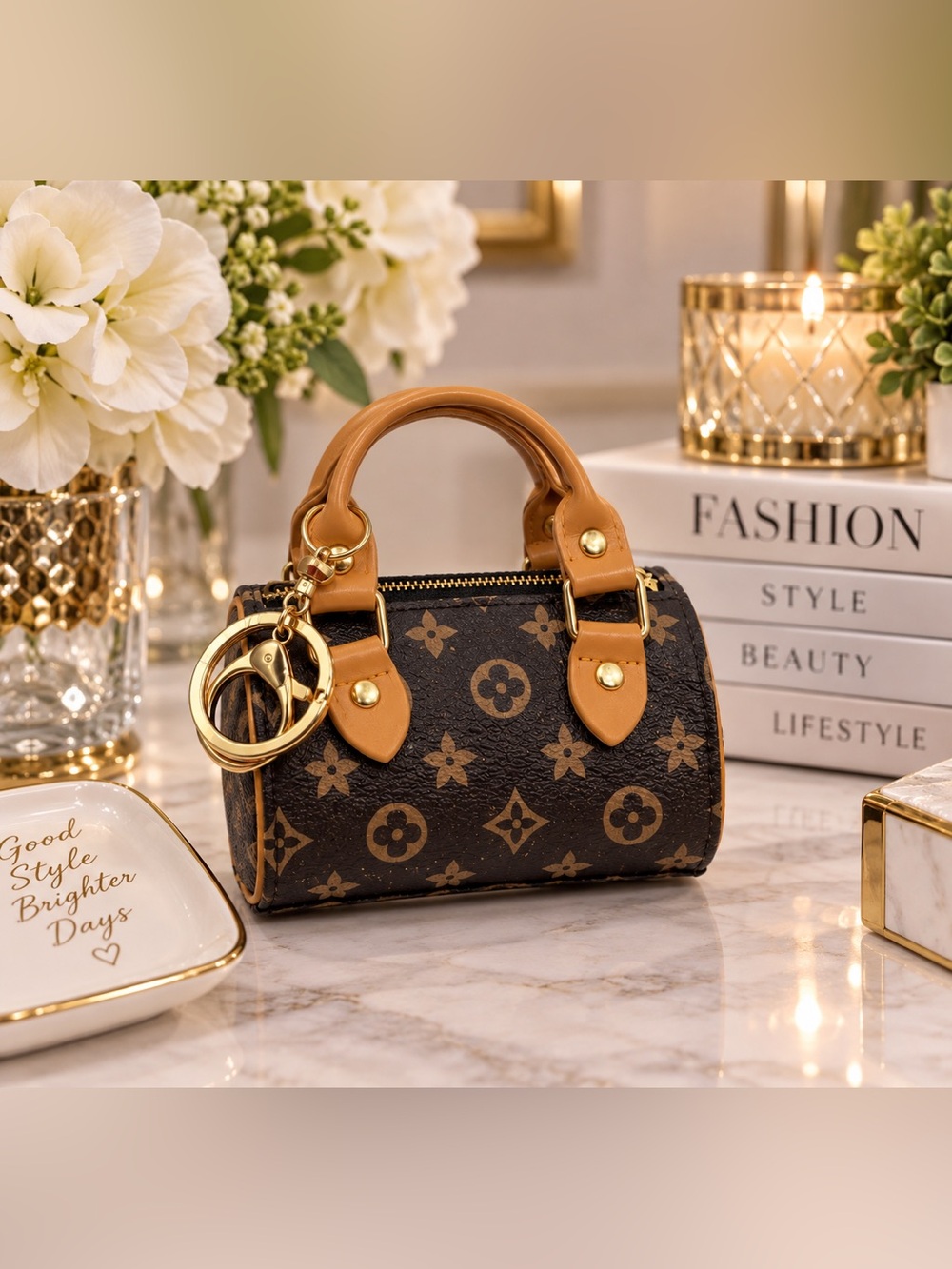 Brown Monogram Mini Satchel Handbag with Tan Handles